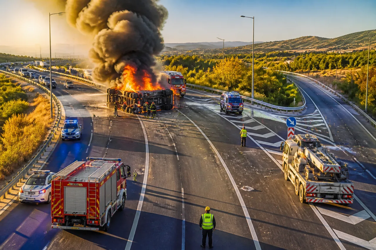 Ανετράπη και τυλίχθηκε στις φλόγες νταλίκα στην Εγνατία — προσωρινές κυκλοφοριακές ρυθμίσεις