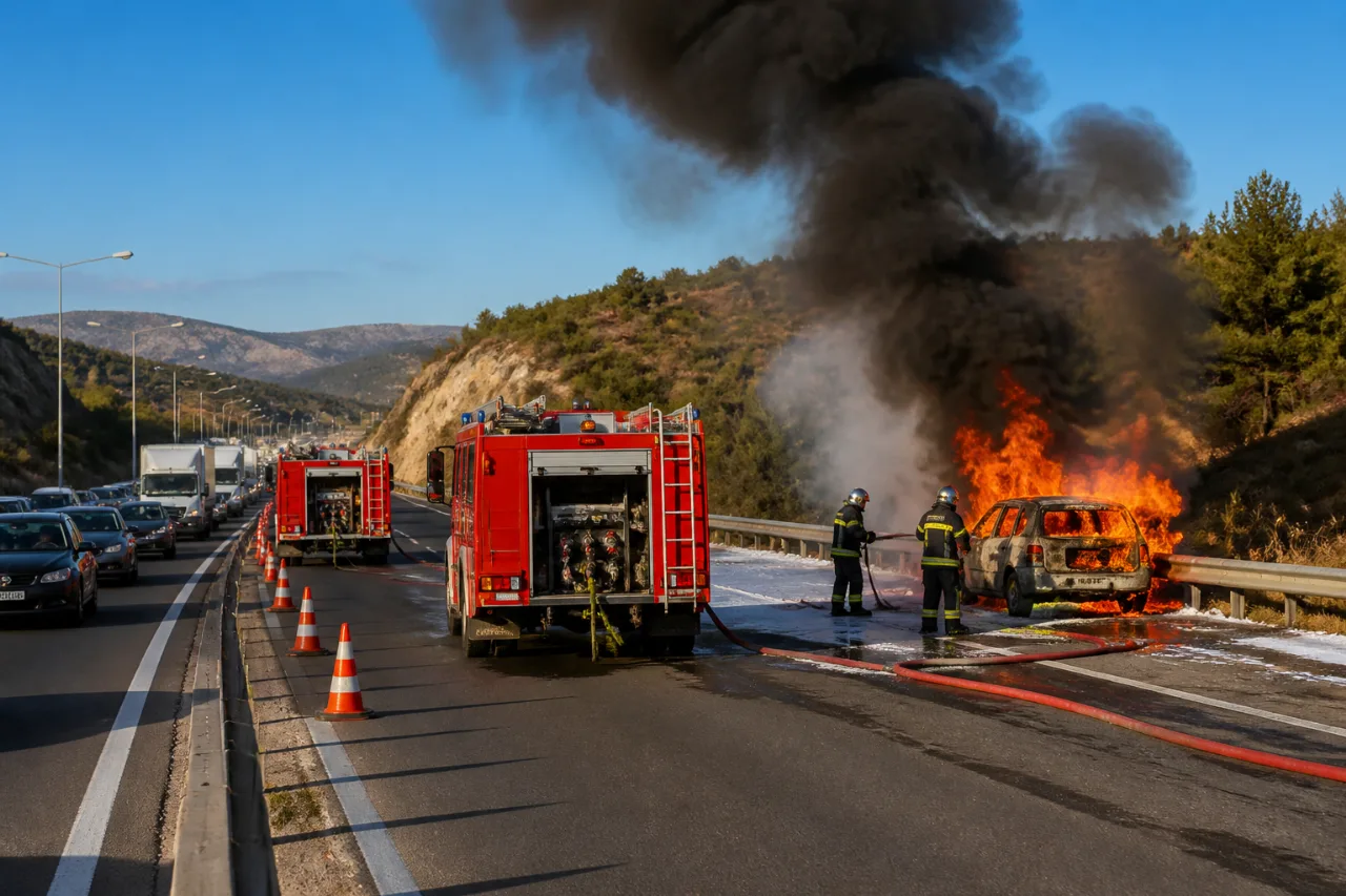 Φωτιά σε ΙΧ σταμάτησε την Εγνατία: ουρές χιλιομέτρων και διακοπή και στα δύο ρεύματα