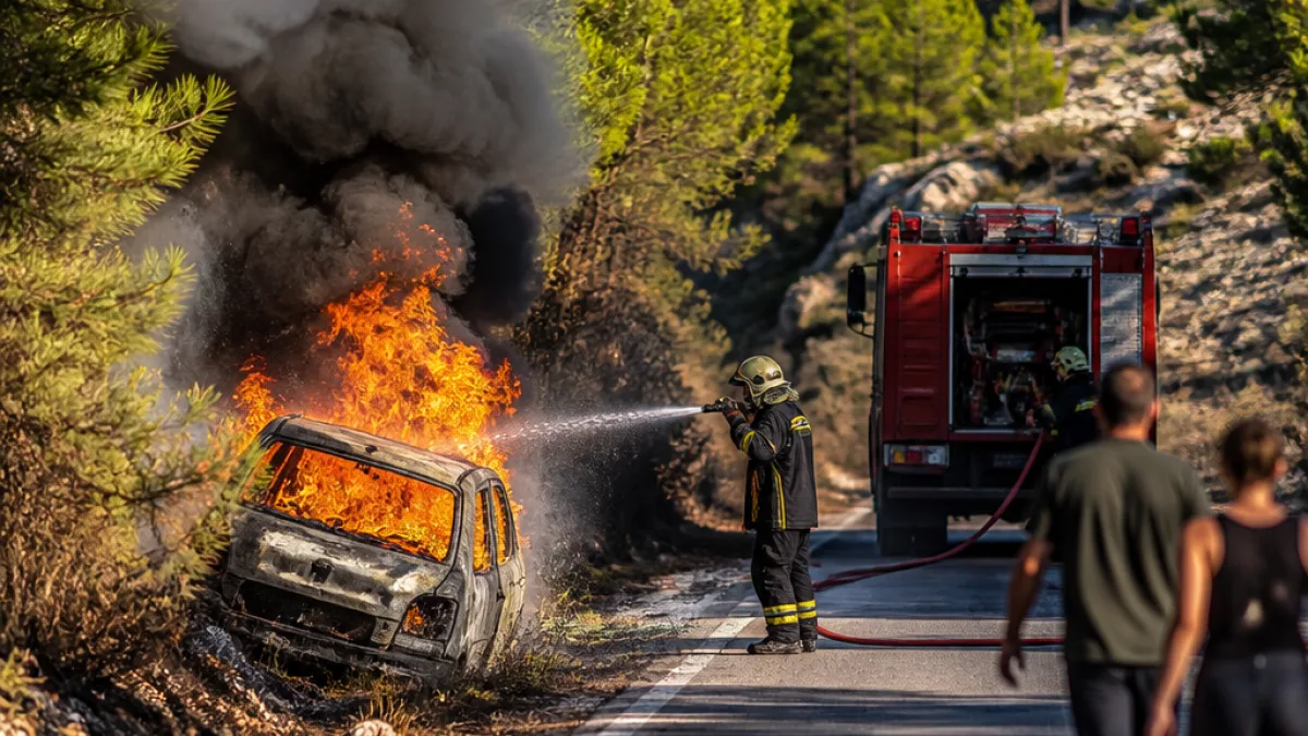 Φωτιά σε κινούμενο ΙΧ στα Κοίνυρα Θάσου απείλησε δασική έκταση — άμεση παρέμβαση της Πυροσβεστικής