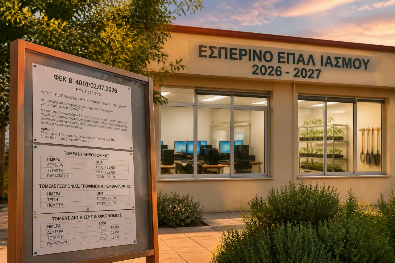 Ίασμος: Εσπερινό ΕΠΑΛ από το 2026-2027 με τρεις σύγχρονους τομείς σπουδών