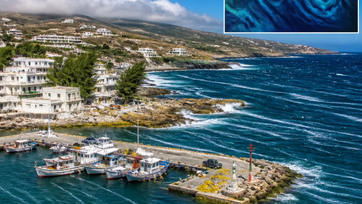 Ισχυρό μελτέμι στην Τήνο: ριπές έως 104 χλμ/ώρα και εντυπωσιακή δορυφορική εικόνα