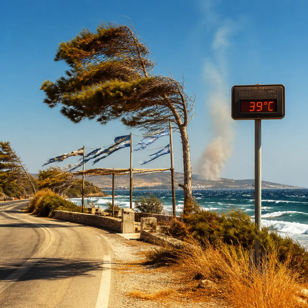 Έντονη ζέστη στα ηπειρωτικά και ισχυρά μελτέμια στο Αιγαίο — έως 39°C και αυξημένος κίνδυνος πυρκαγιών