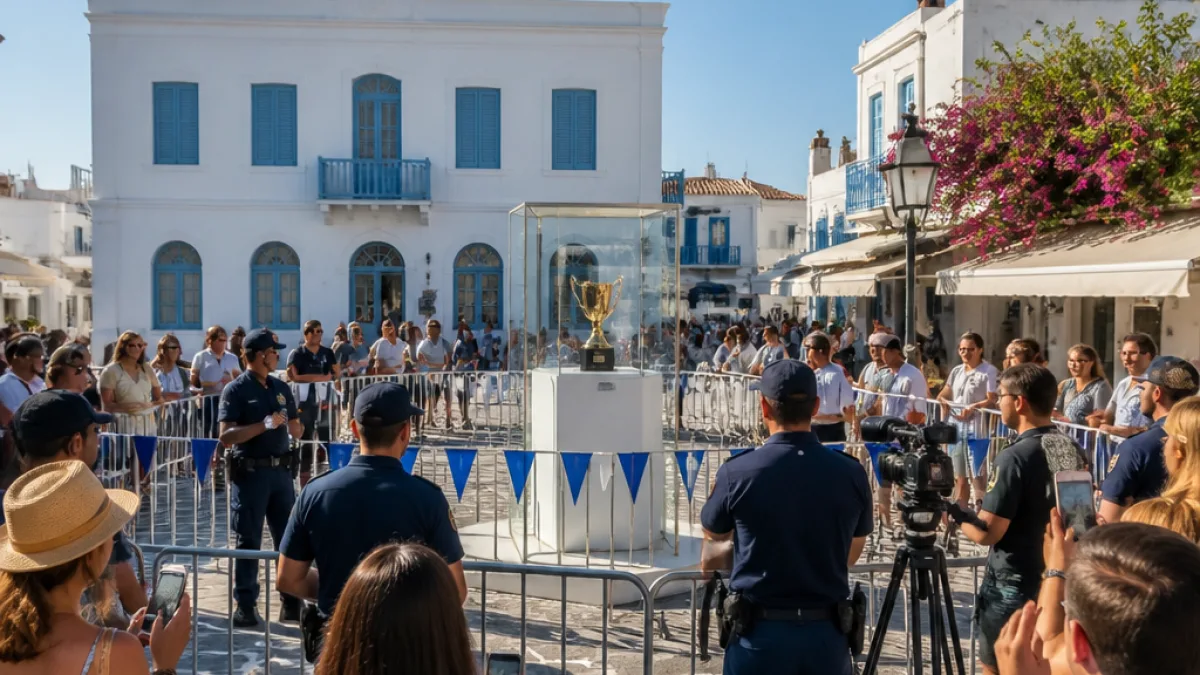 Πλήθος κόσμου στη Μύκονο για το τρόπαιο της ΑΕΚ που εκτέθηκε κάτω από το Δημαρχείο
