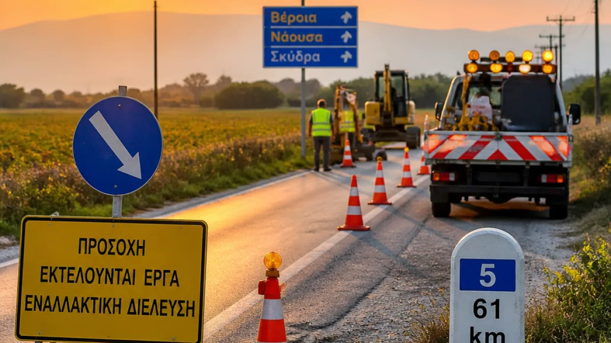 Προσωρινές ρυθμίσεις στην Ε.Ο. Αλεξάνδρειας–Βέροιας: τι αλλάζει στην κυκλοφορία έως 24/7